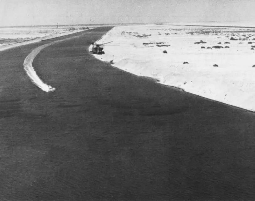A U.S. Navy Sikorsky RH-53D of helicopter mine countermeasures squadron HM-12 Sea Dragons sweeping the Suez Canal using an Mk 105 minesweeping gear during Operation Nimbus Moon in 1974.